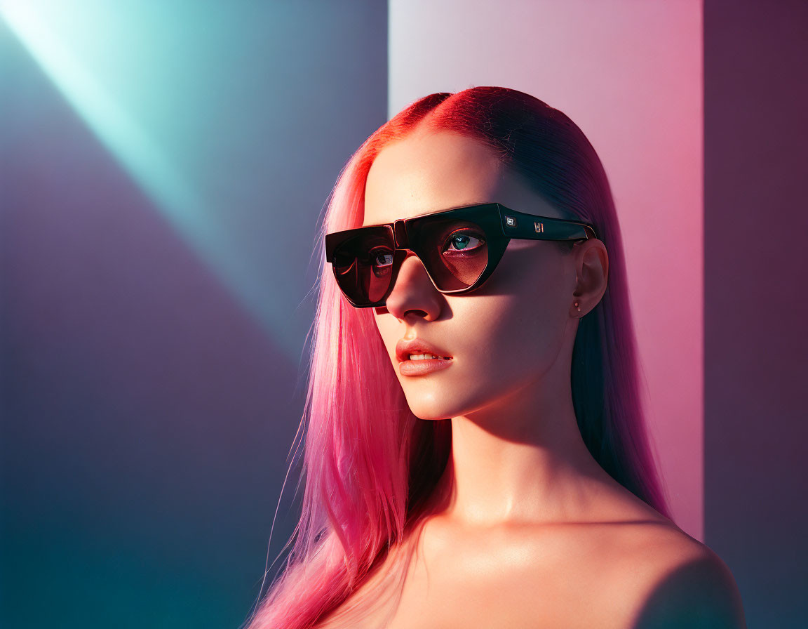 Pink-haired woman in black sunglasses under purple-pink gradient light