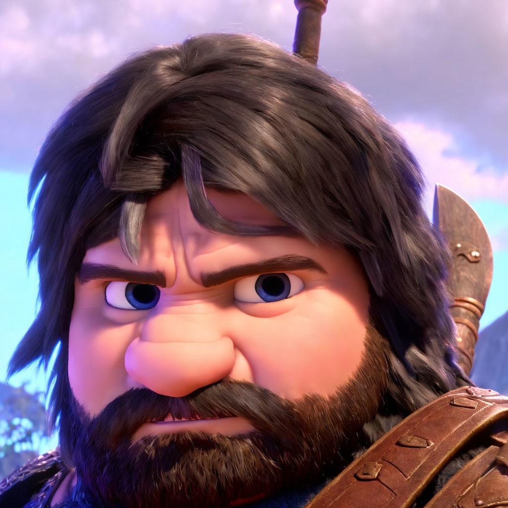 Bearded animated character with thick eyebrows and leather armor on purple background