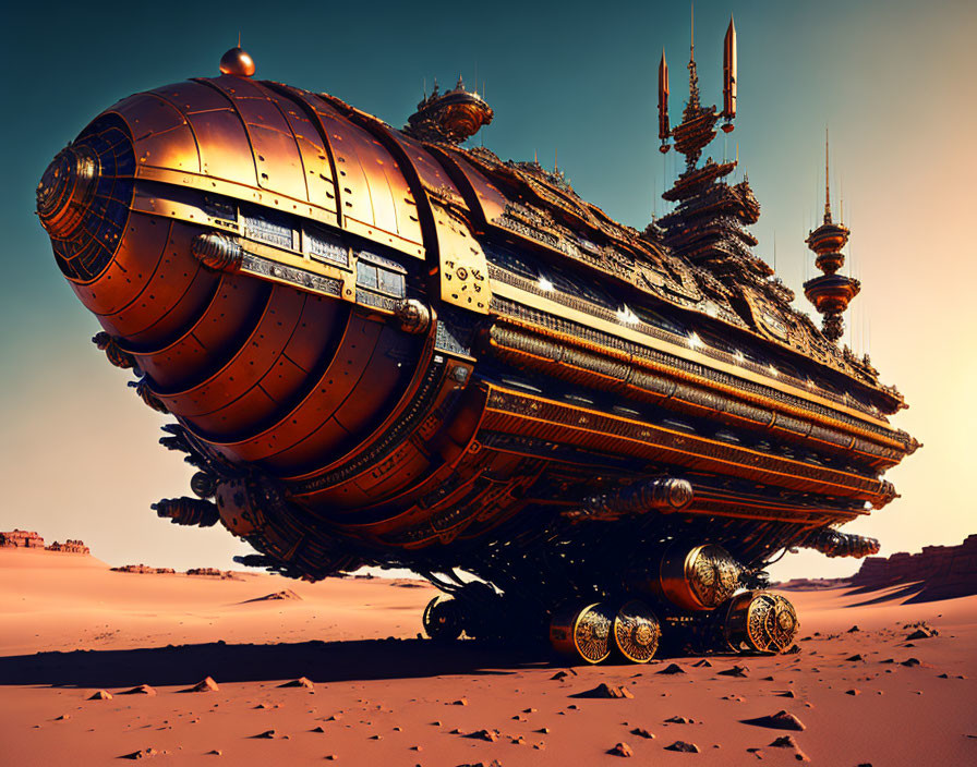 Steampunk-style airship with spherical engines on desert landscape