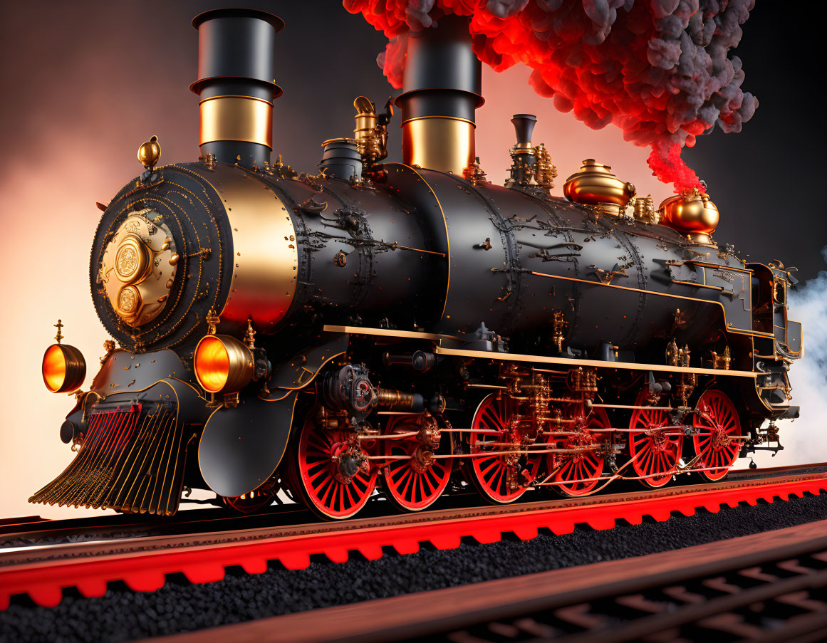 Detailed Black Steam Locomotive with Red Wheels on Tracks