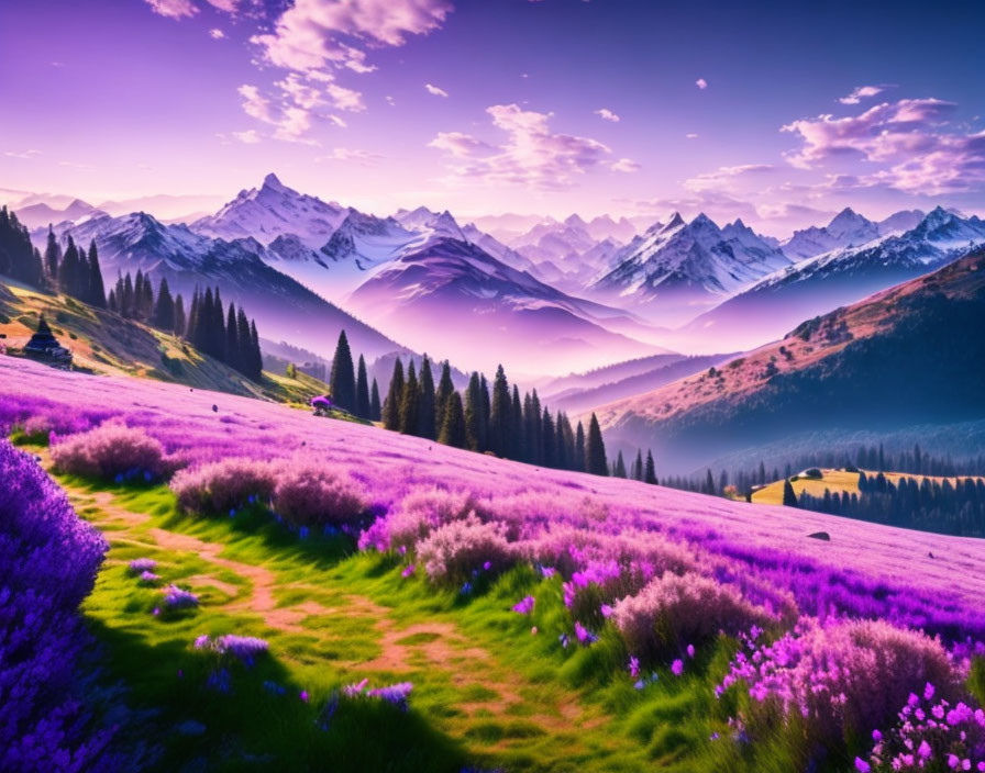 Colorful landscape with purple flowers, green hills, pine trees, and snowy mountains at dawn