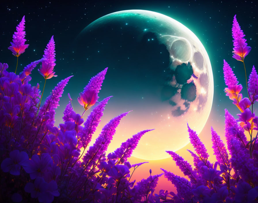 Fantasy landscape with purple and pink flora and green moon in starry sky