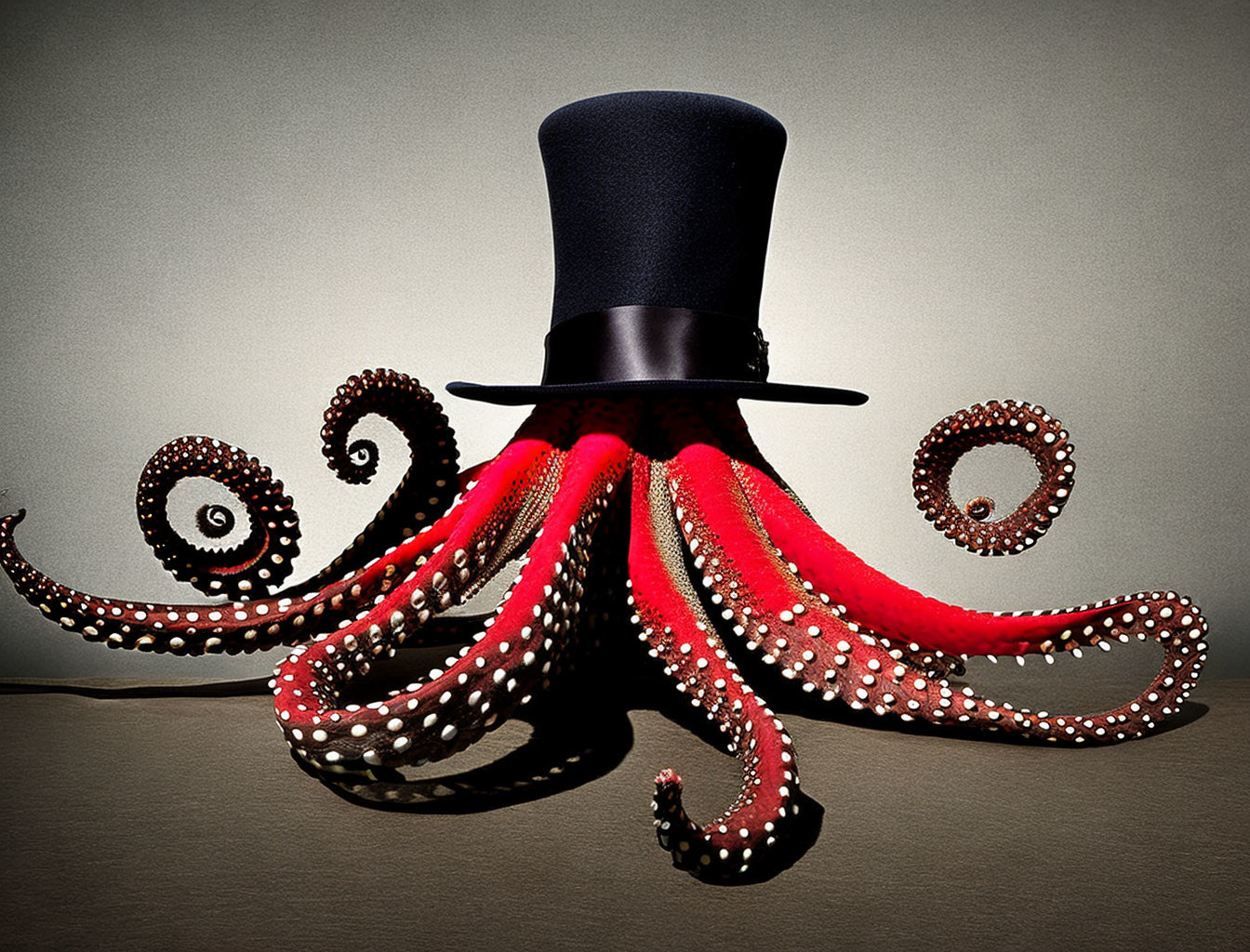 Red Octopus with White Spots Wearing Top Hat on Beige Background