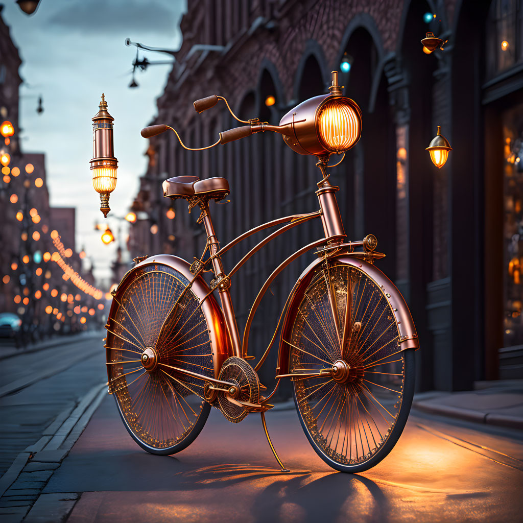 Bronze vintage bicycle with glowing wheels in evening city street