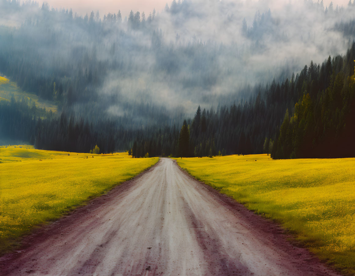 Dirt road through yellow meadow with misty forests and hazy sky