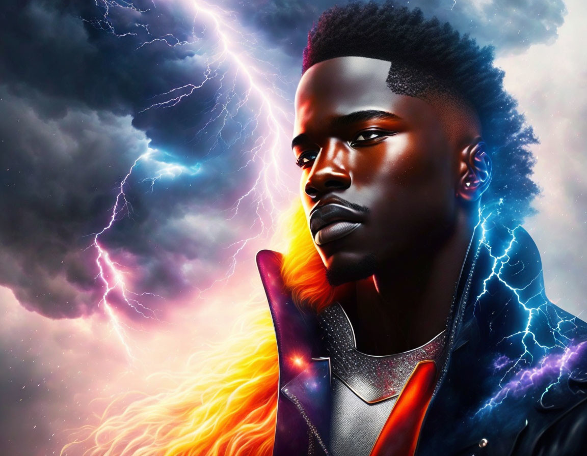 Digital artwork: Intense man in futuristic suit with lightning in colorful backdrop