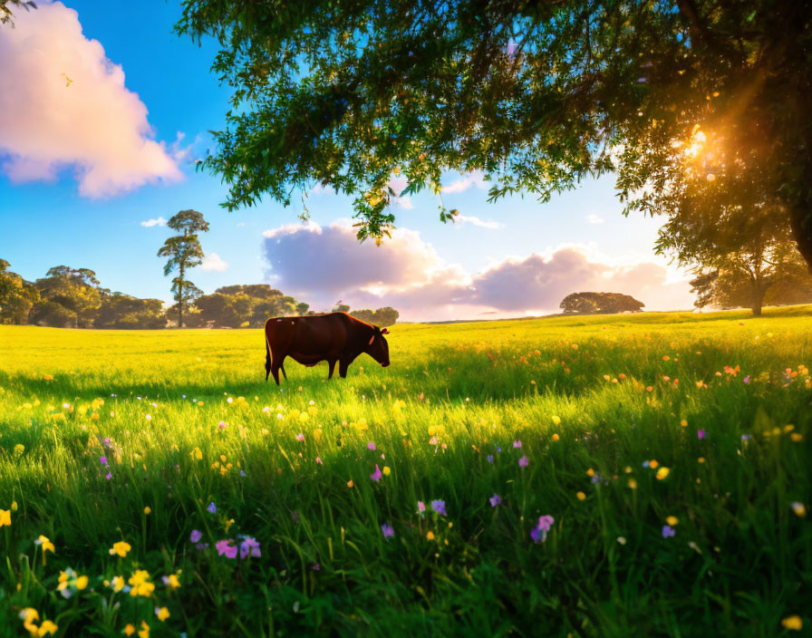 Cow grazing in vibrant green field at sunset with wildflowers and tree.