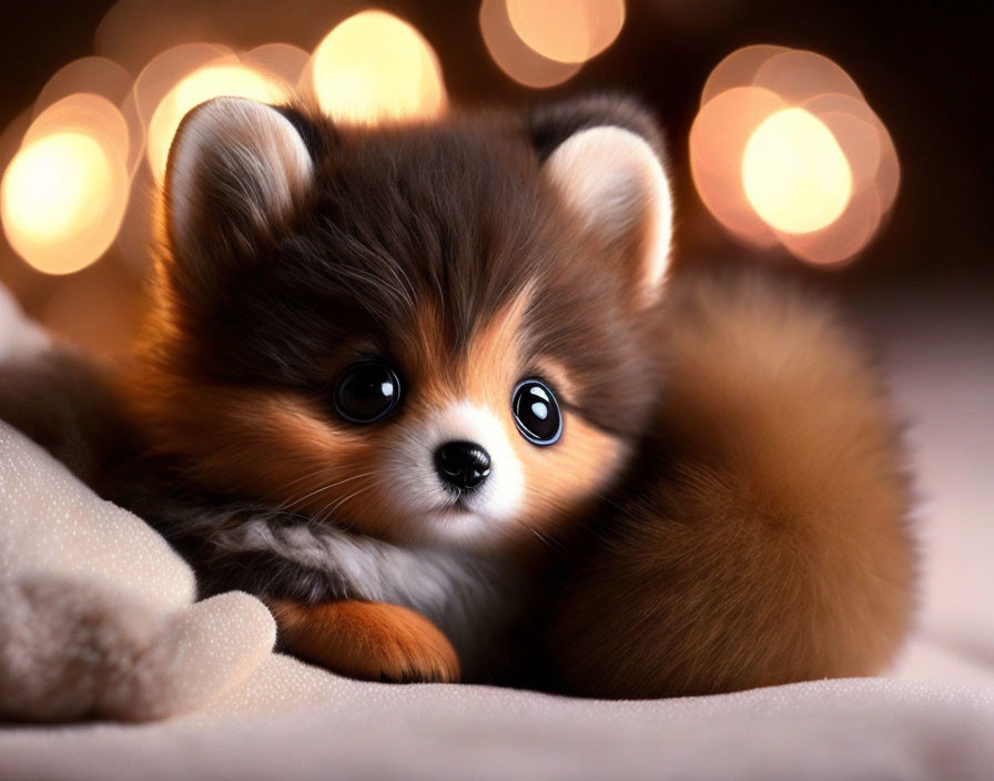 Adorable brown and black puppy on soft blanket with expressive eyes