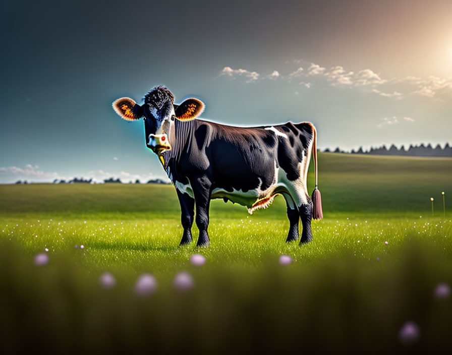 Cow in vibrant green field with purple flowers under sunny sky