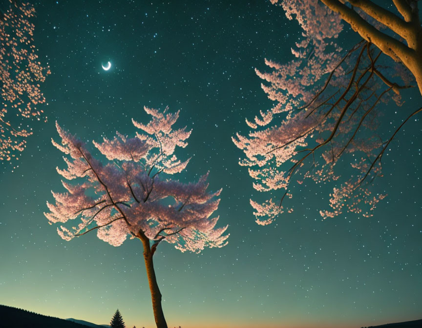 Serene night sky with crescent moon and cherry blossom tree.