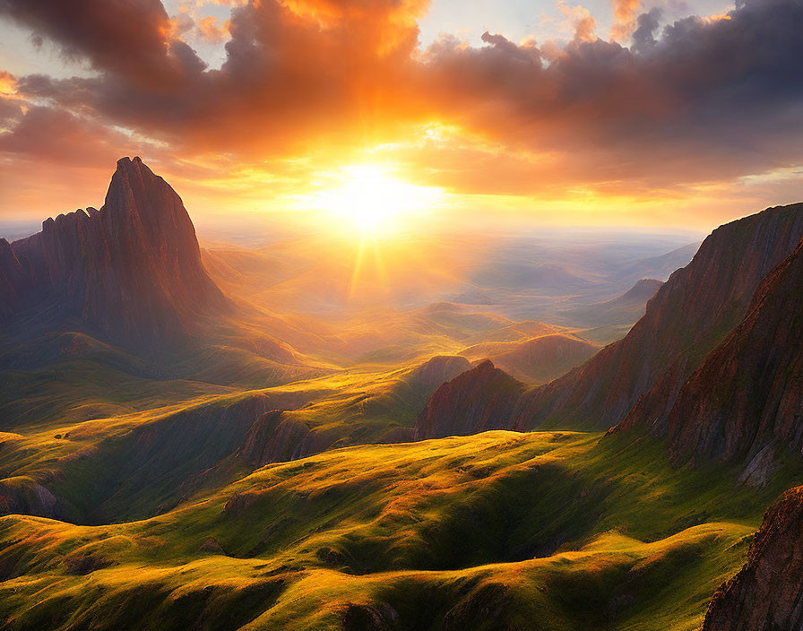 Vibrant sunset over lush valley with mountain peak