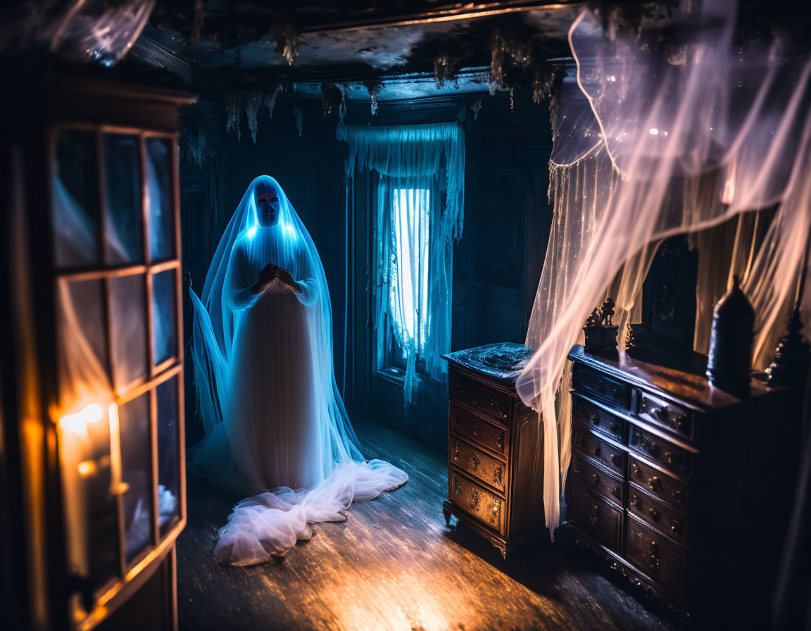 Ghostly Figure in White Floating in Dim Eerie Room