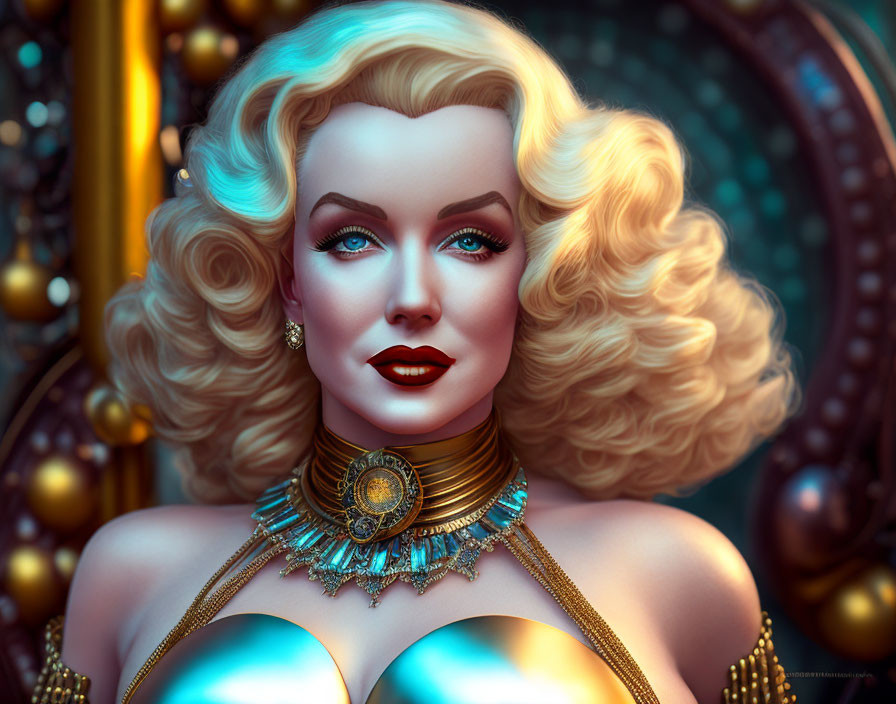 Illustrated woman with blonde curls, red lips, blue eyes, gold jewelry, and mechanical background