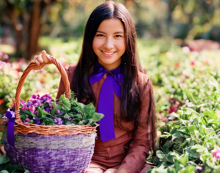 Smiling young woman in brown jacket with purple ribbon holding basket of flowers