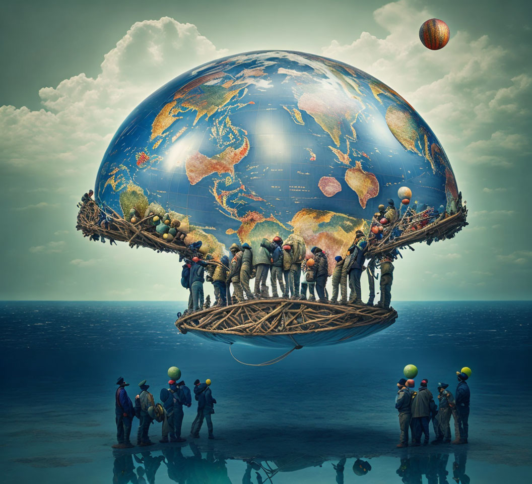 Surreal artwork: People with hardhats lifting giant globe above nest structure.