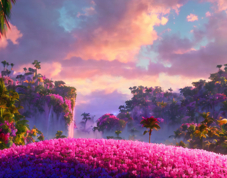 Colorful animated landscape with pink and purple sky, waterfalls, trees, and hill of pink flowers