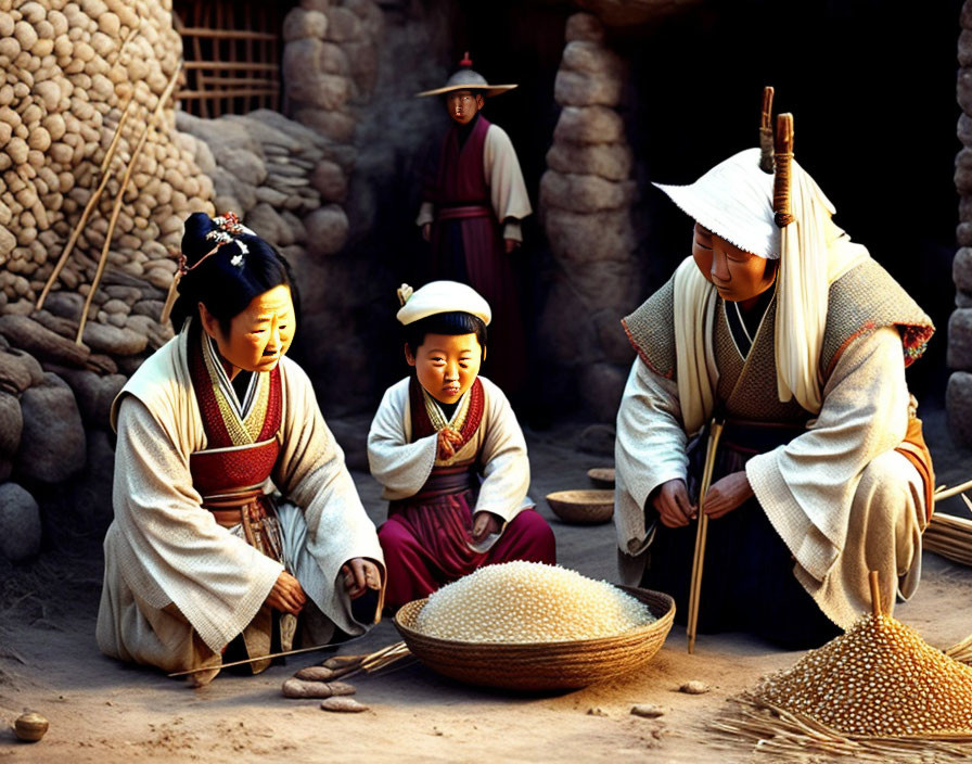 Traditional Korean hanbok: Two women, child sorting beans with man watching