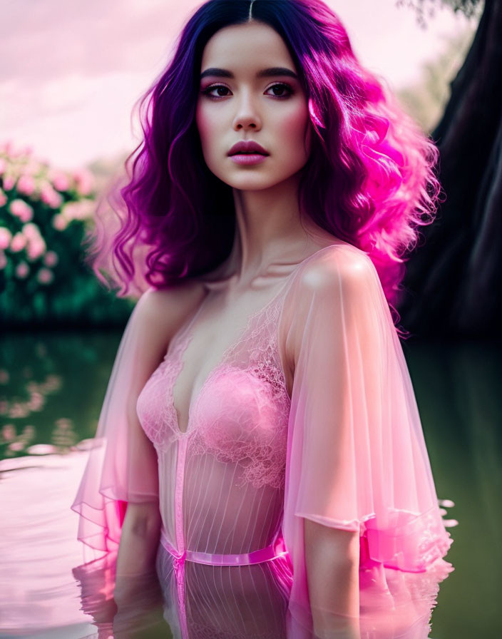 Vibrant Purple Hair Woman in Sheer Pink Top on Lush Background