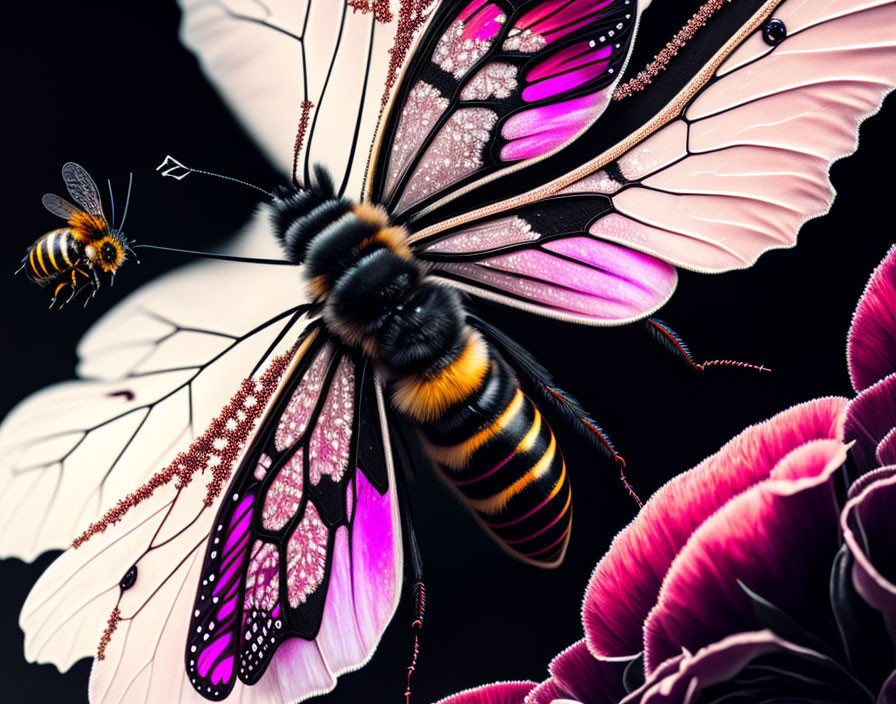 Digitally altered image of oversized bee with butterfly wings near flowers.