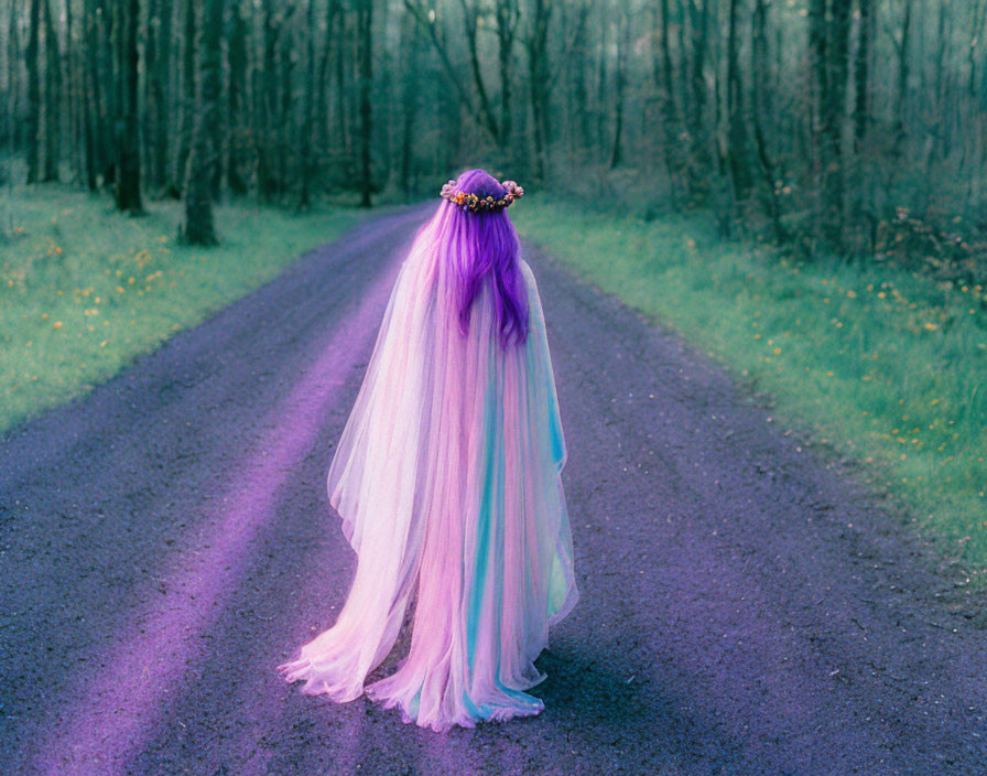 Person with Long Purple Hair and Flowers in Forest Setting