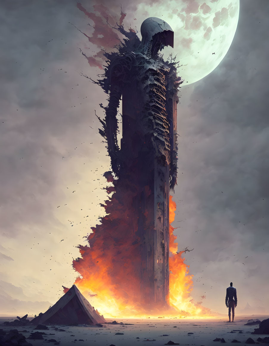 Person stands before towering flaming structure in desolate landscape