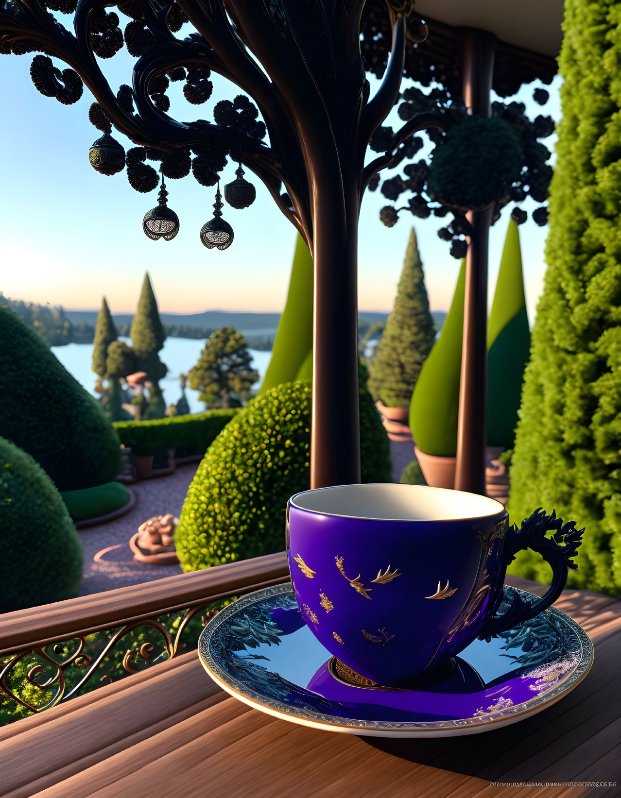 Purple Teacup on Balcony Railing Overlooking Garden and Lake at Sunset