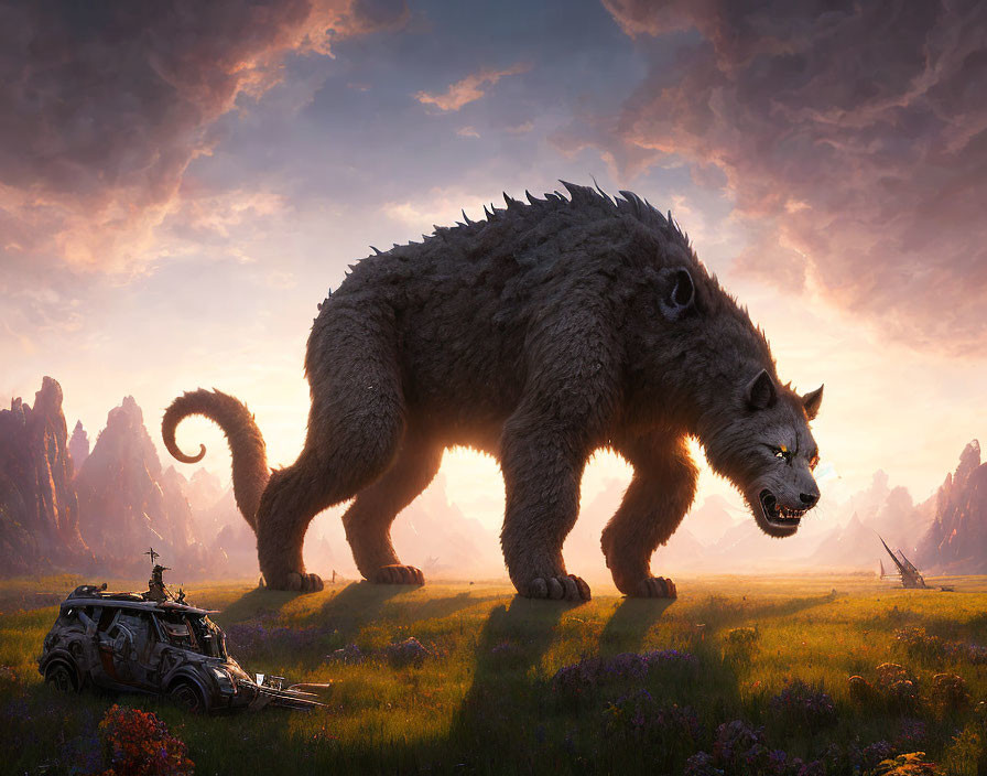 Majestic wolf-like creature with spikes in fantasy landscape at sunset