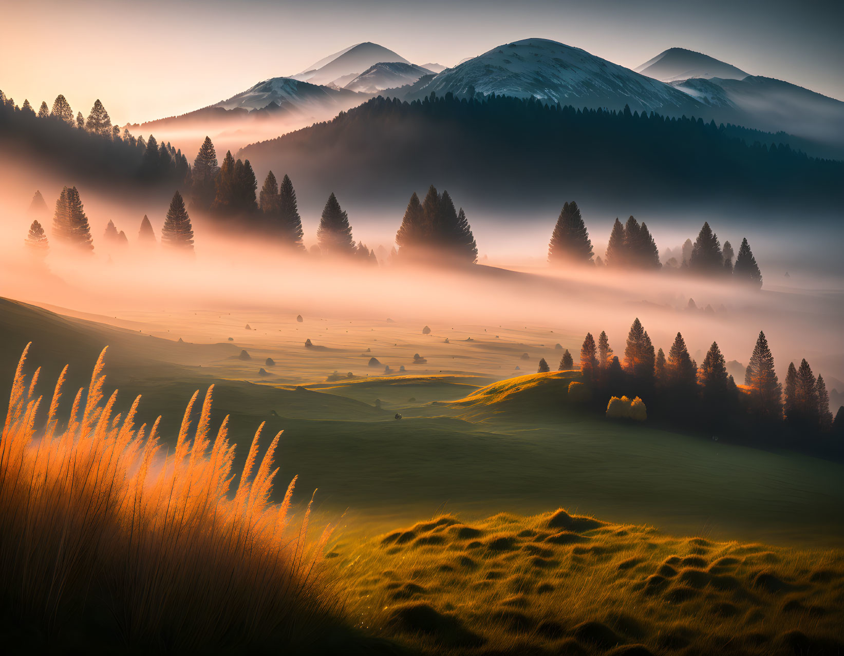 Tranquil sunrise landscape with hills, meadow, trees, and mountains in golden fog