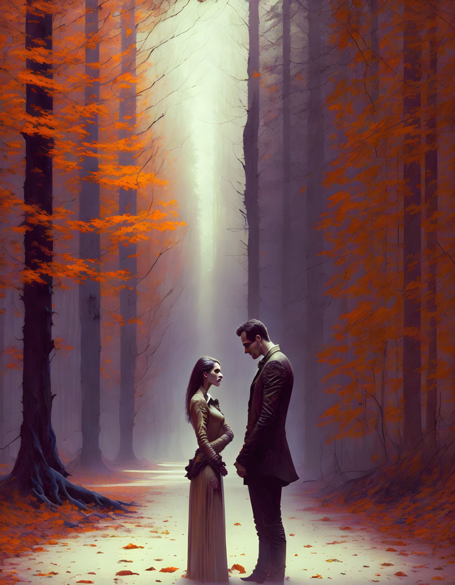 Intimate couple in mystical autumn forest with towering trees