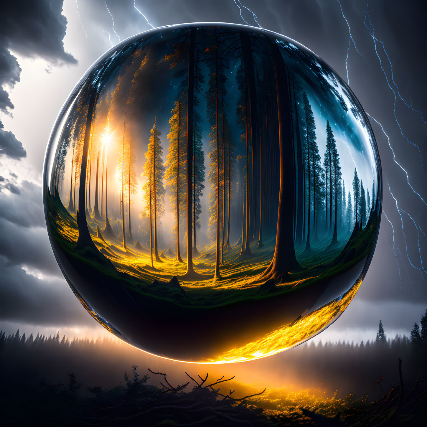 Surreal forest scene in glossy sphere with lightning and mist