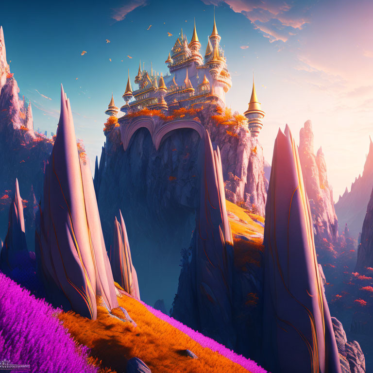 Golden castle on cliff with purple and orange flora and pointed rocks at dusk