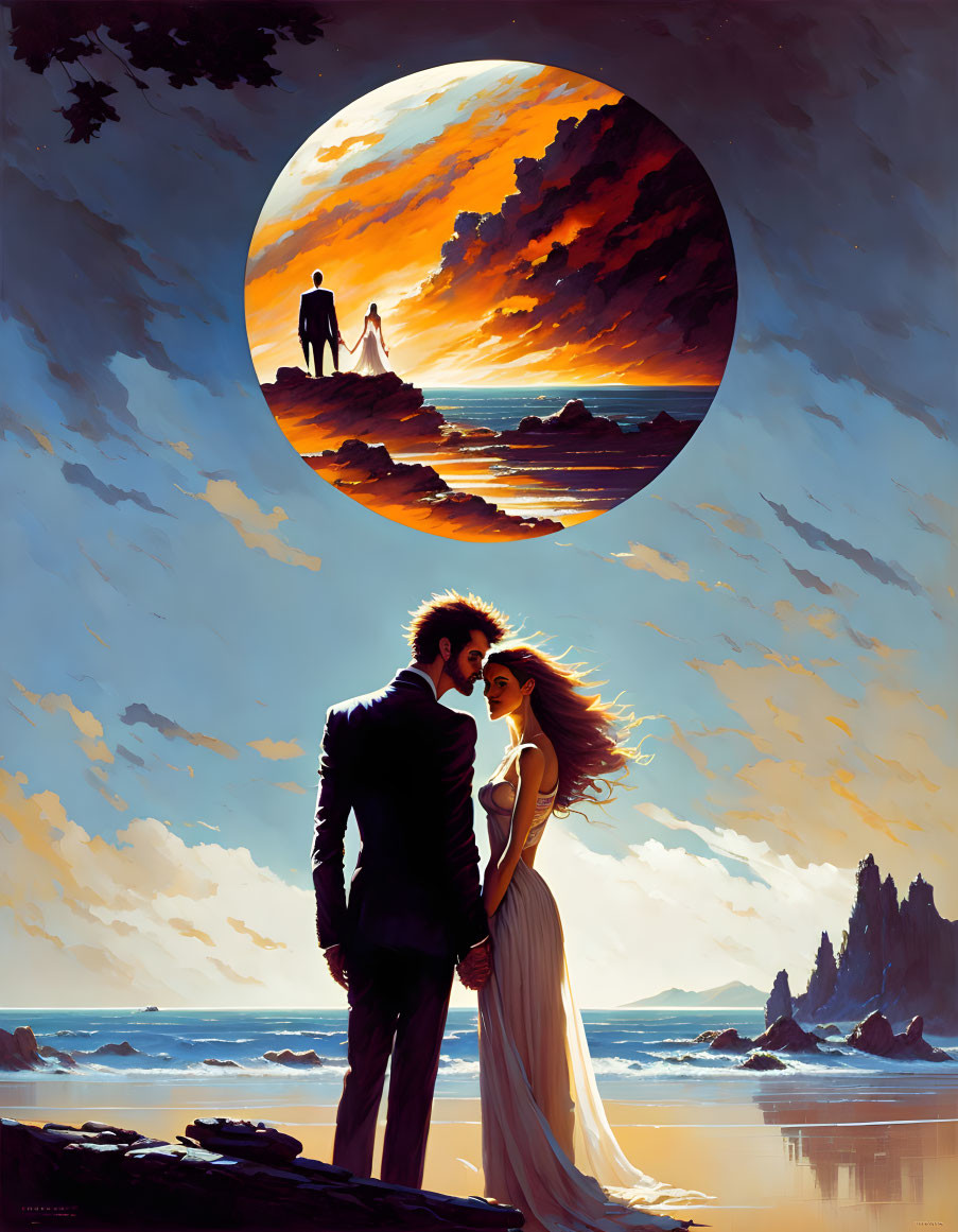 Romantic couple embracing on shore with vivid sunset in circular portal