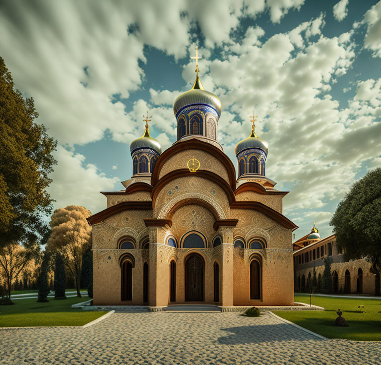 Ornate church with blue domes and golden crosses in natural setting