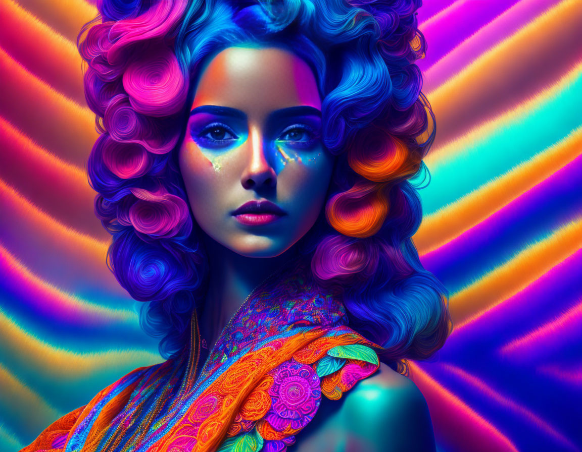 Colorful portrait of a woman with curly hair in neon lights and vibrant makeup