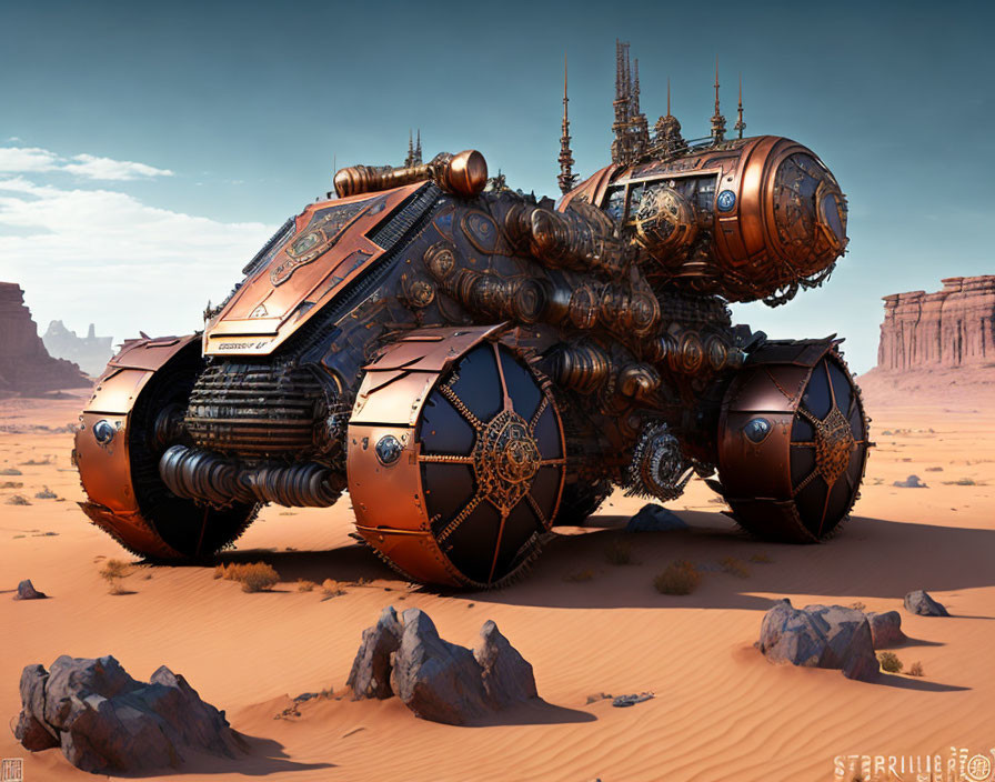 Futuristic steampunk-style vehicle with spherical wheels in desert landscape