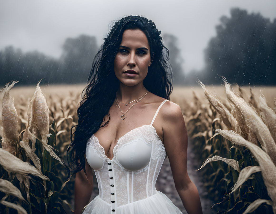 Woman in white corset in rainy cornfield with wet hair.