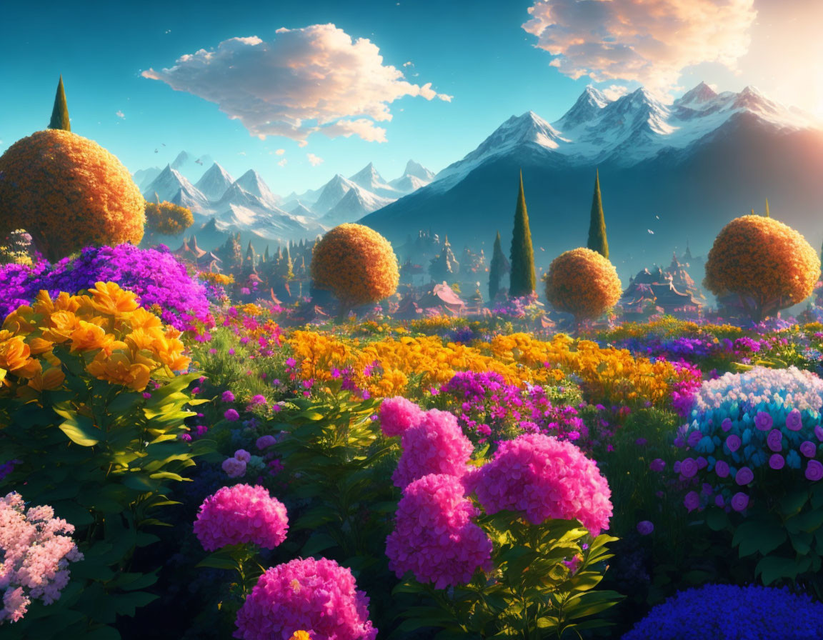 Colorful Flower Field with Spherical Topiaries and Snowy Mountains