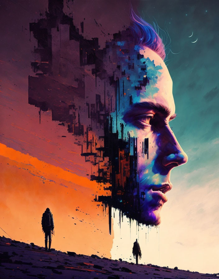 Digital profile artwork with pixelated effect against abstract cityscape and sunset sky.