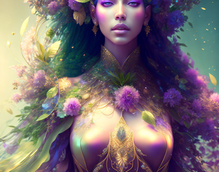 Fantasy illustration of a woman with lush floral and gold details