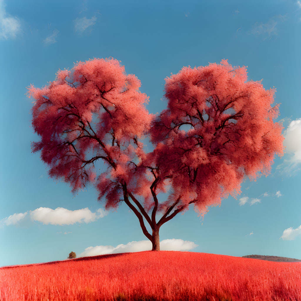 Surreal tree with heart-shaped branches in red grass field under blue sky