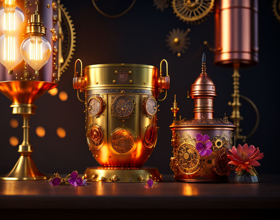 Steampunk-inspired image featuring golden gear-adorned pot, grinder, blooming flower, and