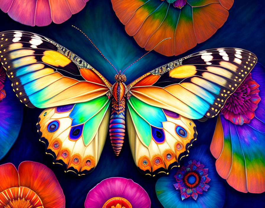 Colorful Butterfly Illustration with Multicolored Wings and Flowers on Dark Blue Background