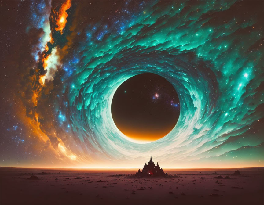 Surreal desert landscape with swirling galaxy sky and black hole above temple