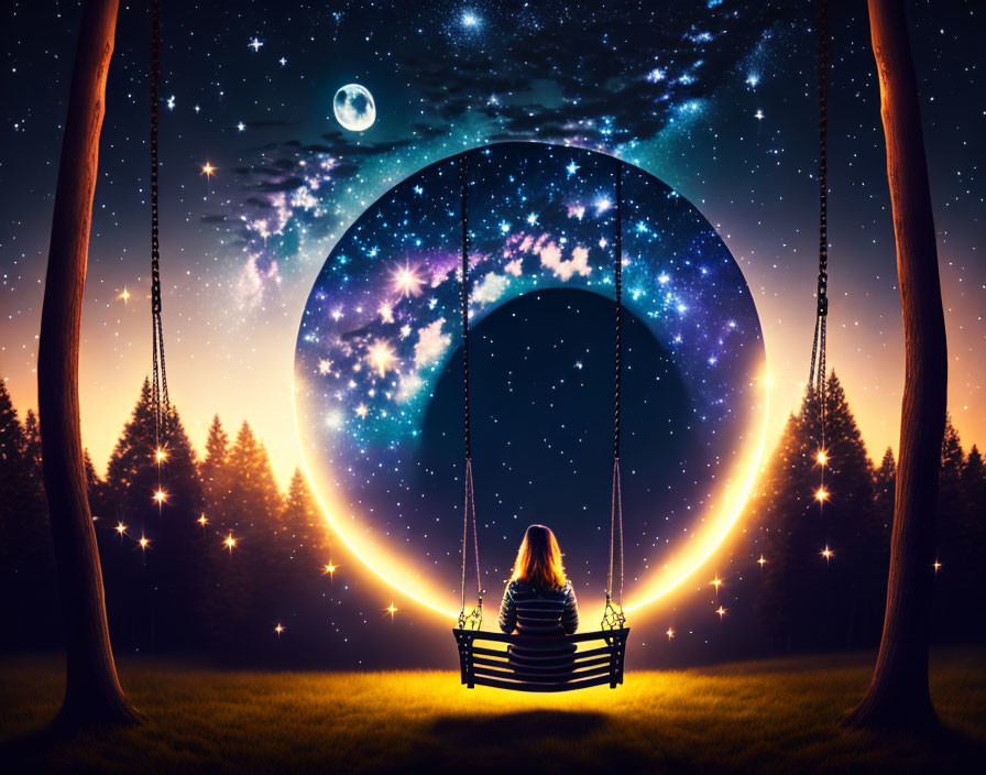 Silhouetted Person on Swing Under Starry Night Sky