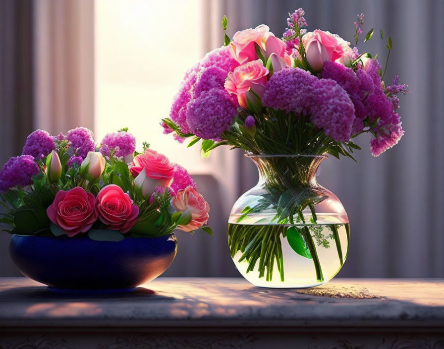 Pink roses and hydrangeas in blue bowl and clear vase under sunlight