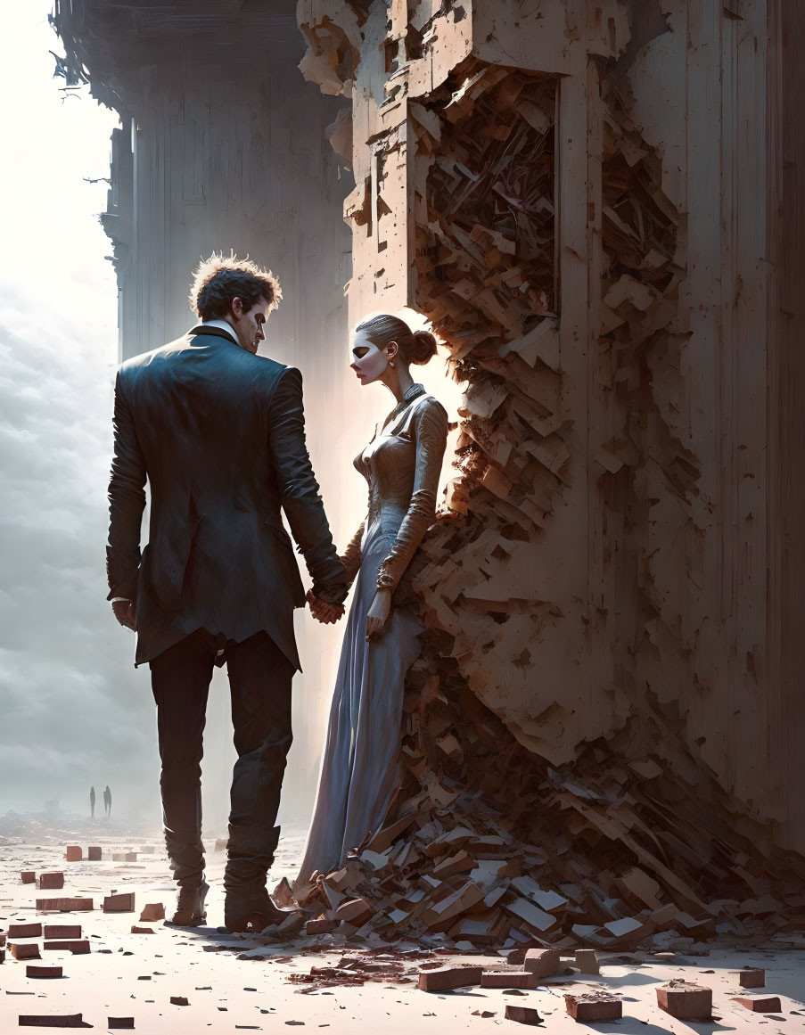 Man and woman face crumbling structure in surreal scene