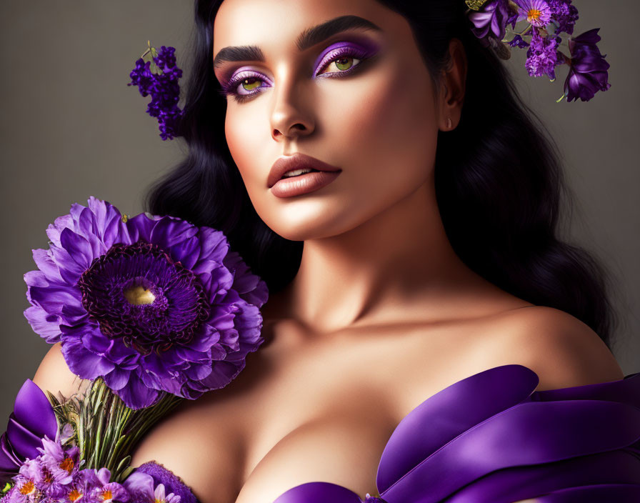 Woman showcasing vibrant purple eyeshadow and flowers