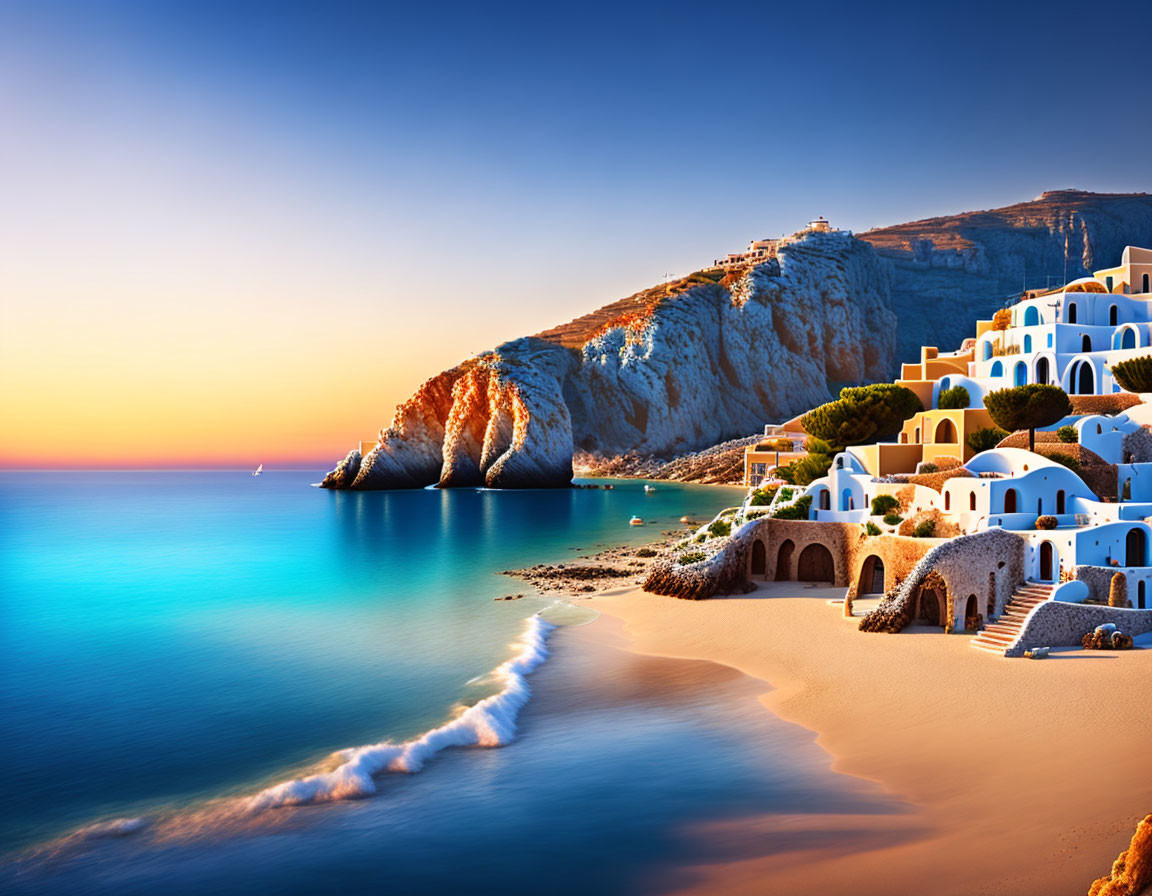 Tranquil Coastal Landscape with White Buildings & Turquoise Waters