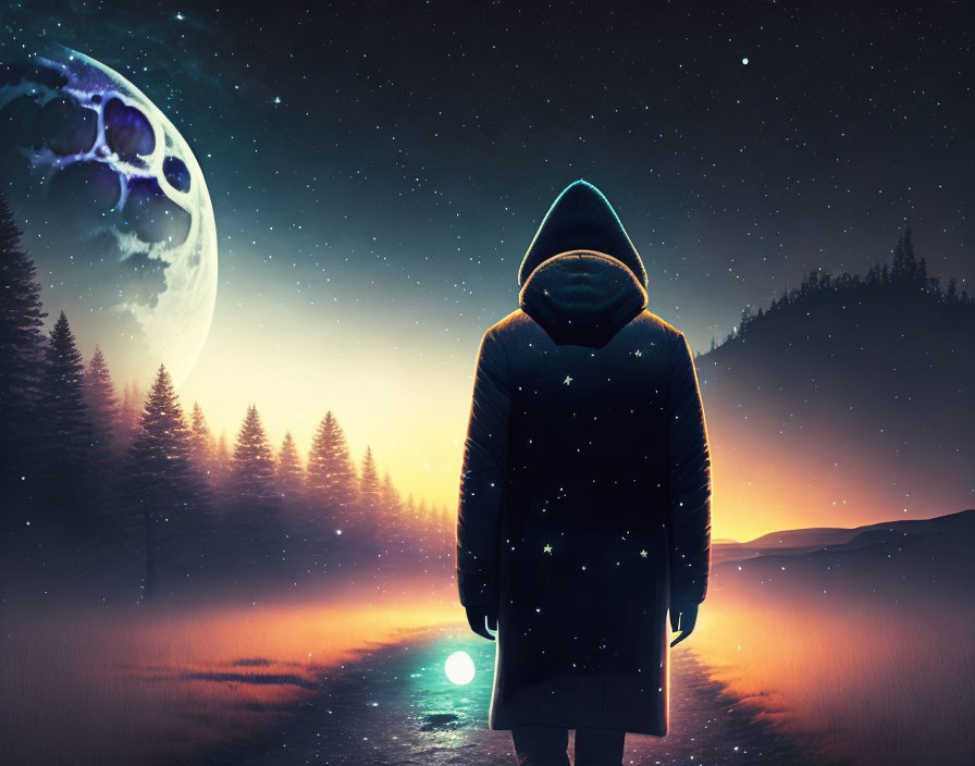 Person in hooded coat gazes at surreal twilight landscape with moon and stars above silhouetted