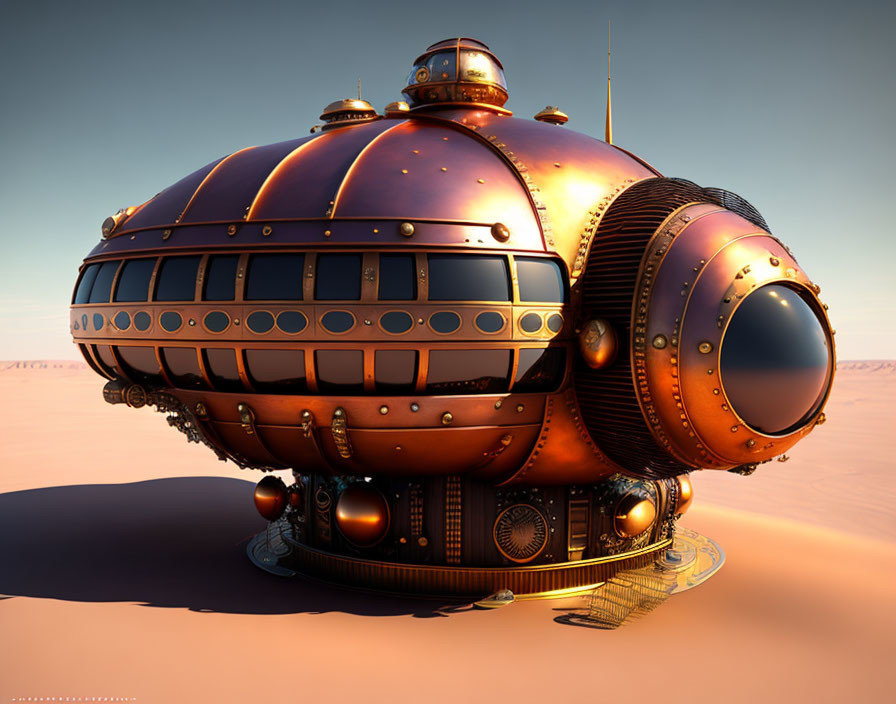 Steampunk-style spherical building with copper tones in desert setting